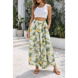 Lemon Tropical Print Wide Leg High Waist Palazzo Pants White Yellow Womens Small